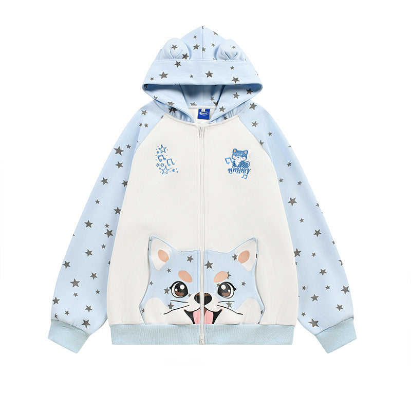 Full printed star cartoon pocket ear hooded cardigan sweatshirt