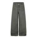 Metal Rivet Wide Leg Cargo Pants Distressed Wash Vintage Drape Casual Trousers