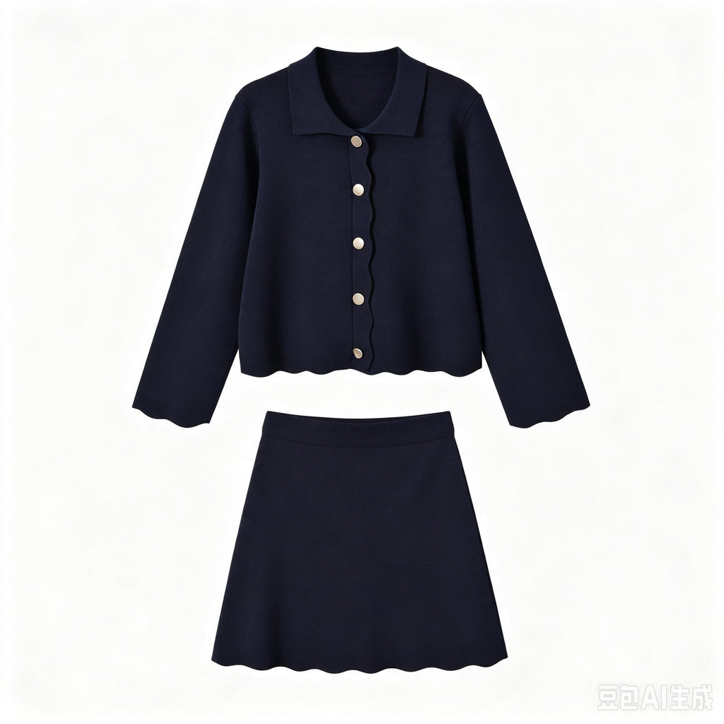Button up wavy edge knitted jacket+short skirt set for women