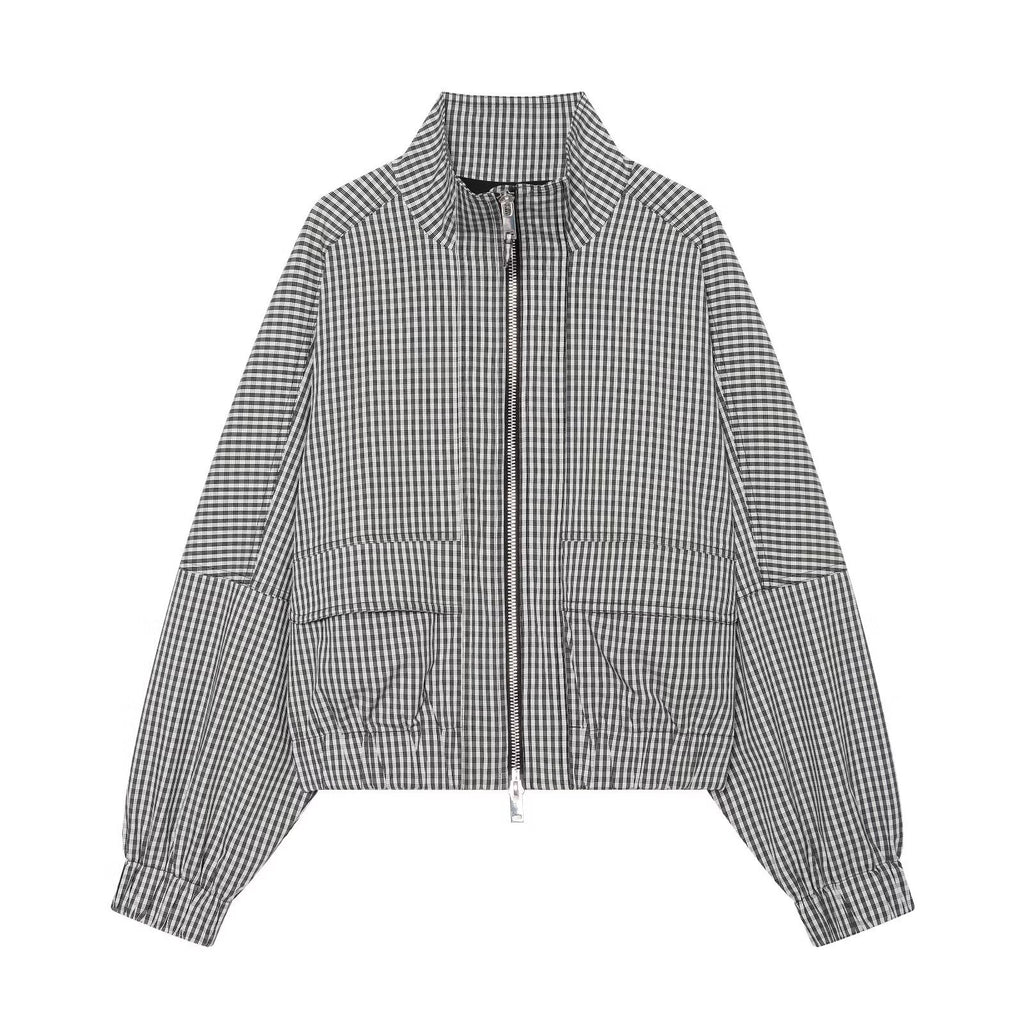 Loose pocket decoration zipper stand up collar contrasting plaid coat for women