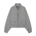 Loose pocket decoration zipper stand up collar contrasting plaid coat for women