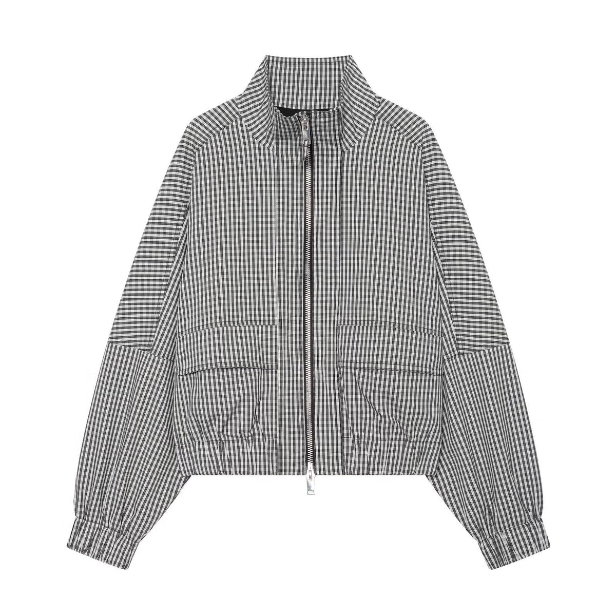 Loose pocket decoration zipper stand up collar contrasting plaid coat for women