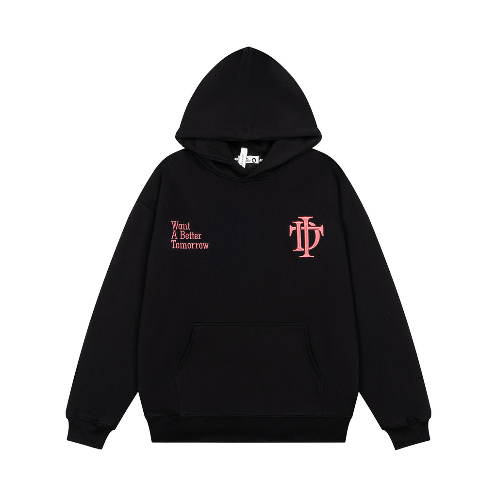 Letter Embroidery Hooded Pullover Sweatshirt with Back Ring Print