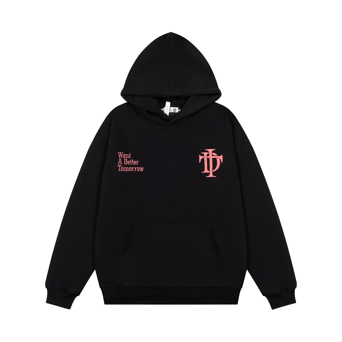 Letter Embroidery Hooded Pullover Sweatshirt with Back Ring Print