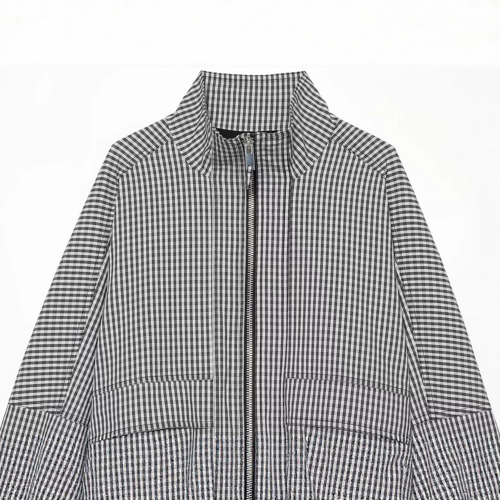 Loose pocket decoration zipper stand up collar contrasting plaid coat for women