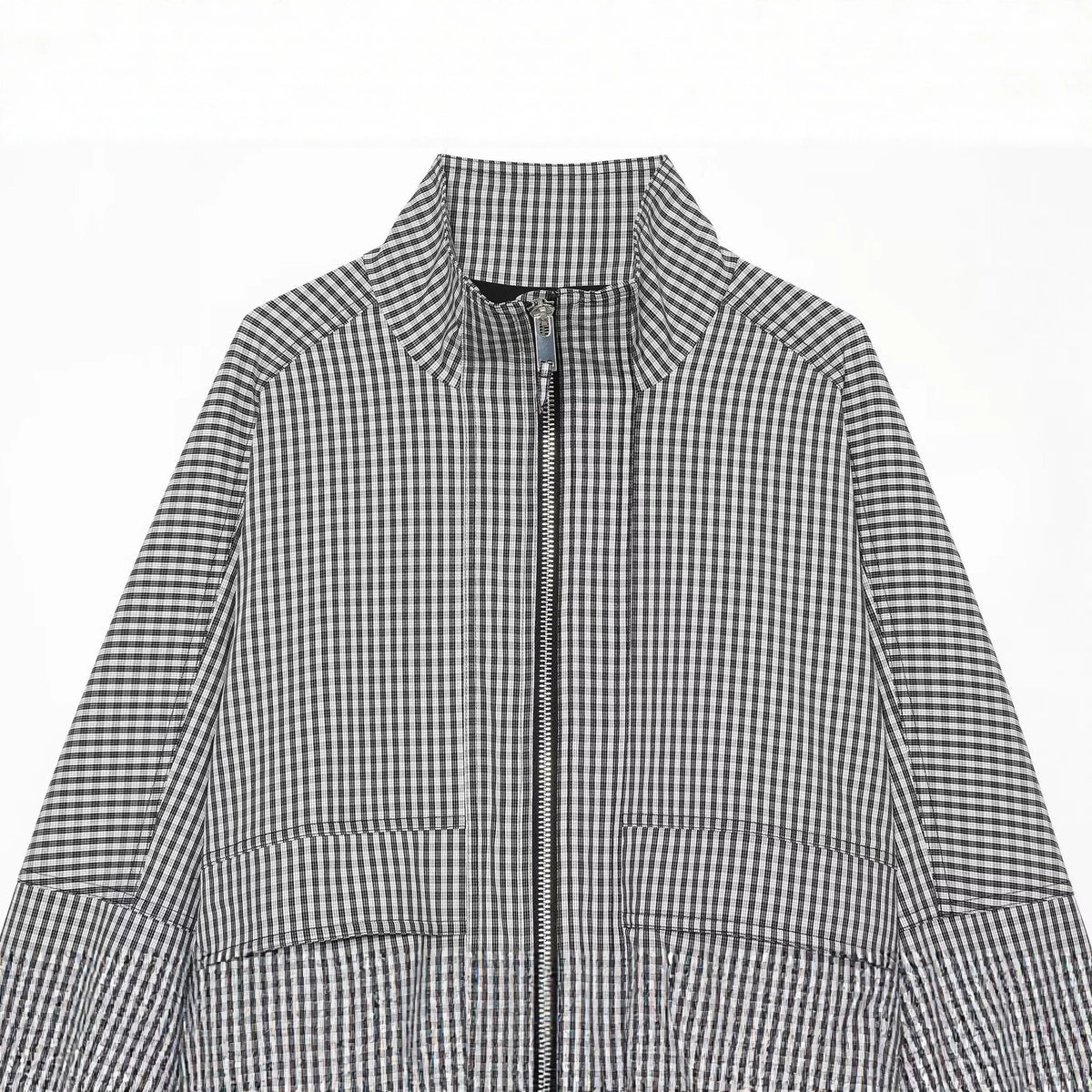 Loose pocket decoration zipper stand up collar contrasting plaid coat for women