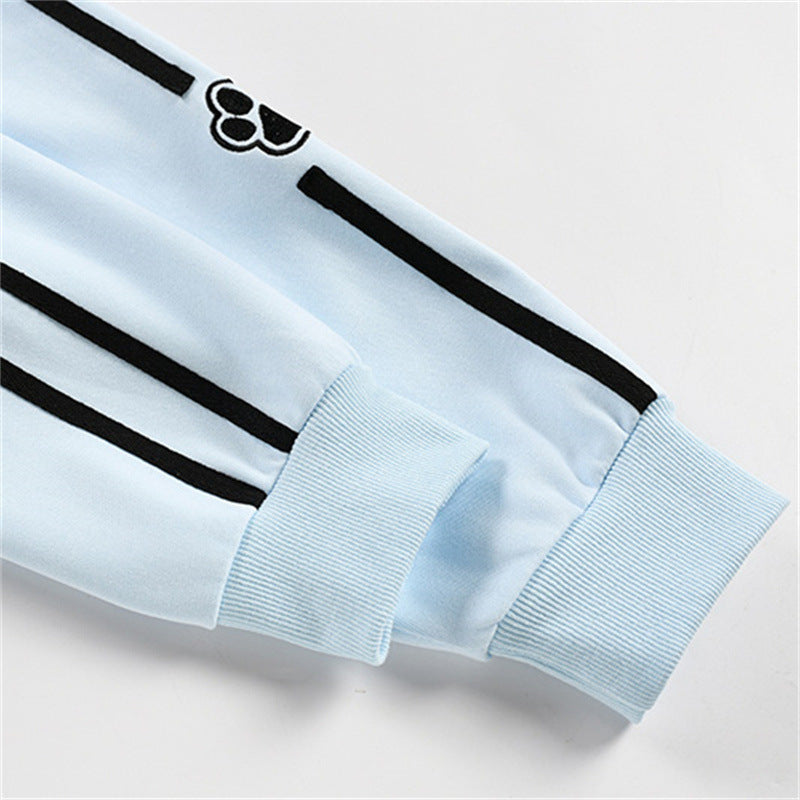 Color blocking patchwork shoulder length long sleeved stand up collar cardigan sweatshirt