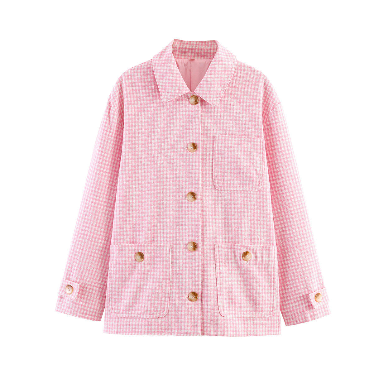 Loose multi pocket decorative plaid short jacket for women's clothing
