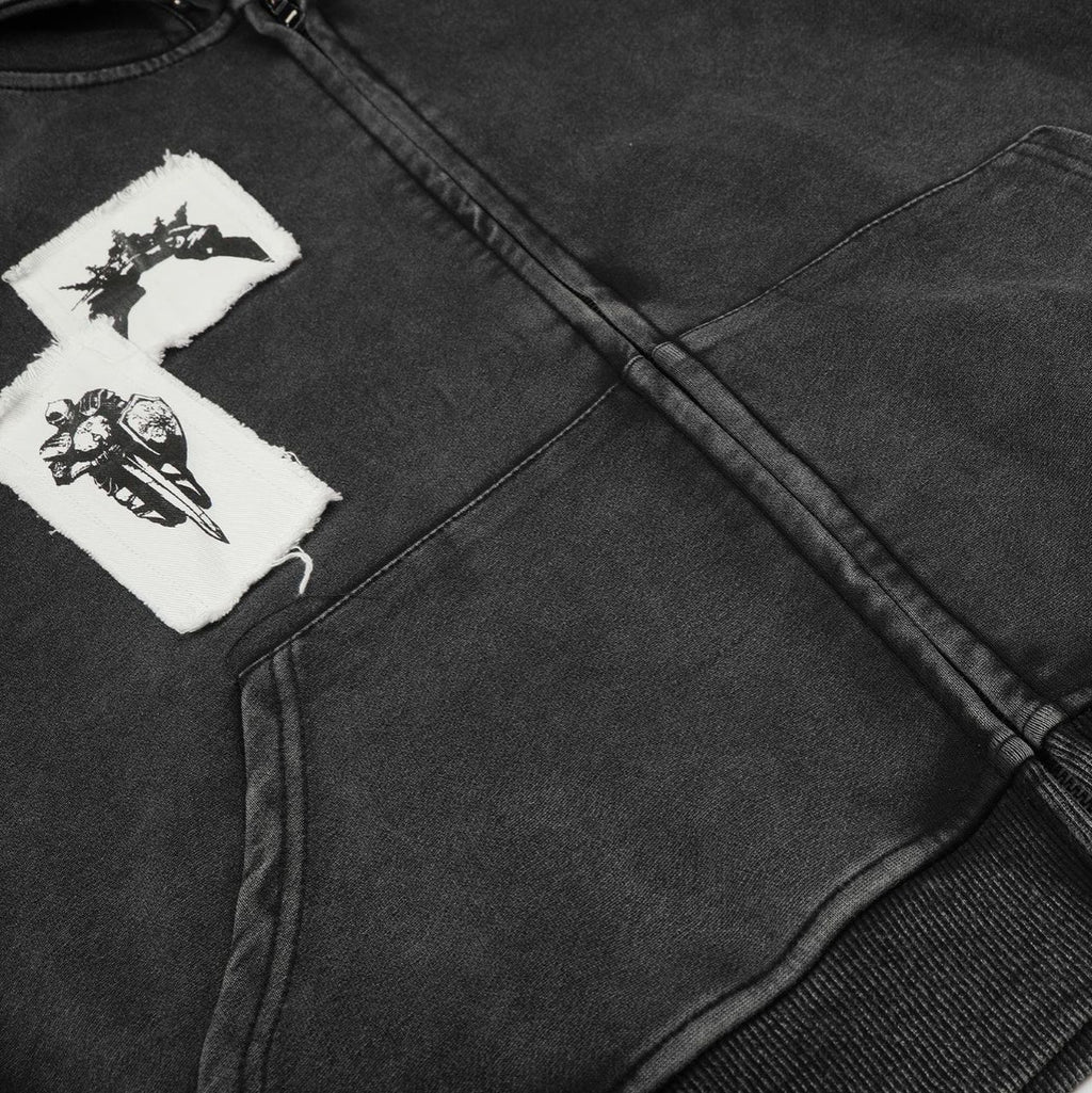 Distressed Washed Studs Patch Embroidery Zipper Hooded Drop Shoulder Sweatshirt Jacket for Men Women