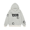 Striped Letter Flocked Color Block Loose Drop Shoulder Hooded Unisex Pullover Sweatshirt Top
