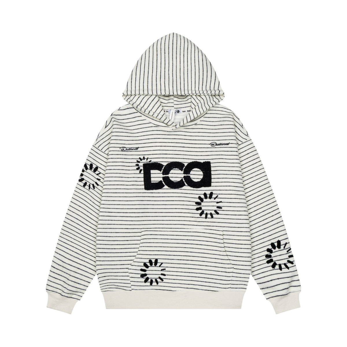 Striped Letter Flocked Color Block Loose Drop Shoulder Hooded Unisex Pullover Sweatshirt Top