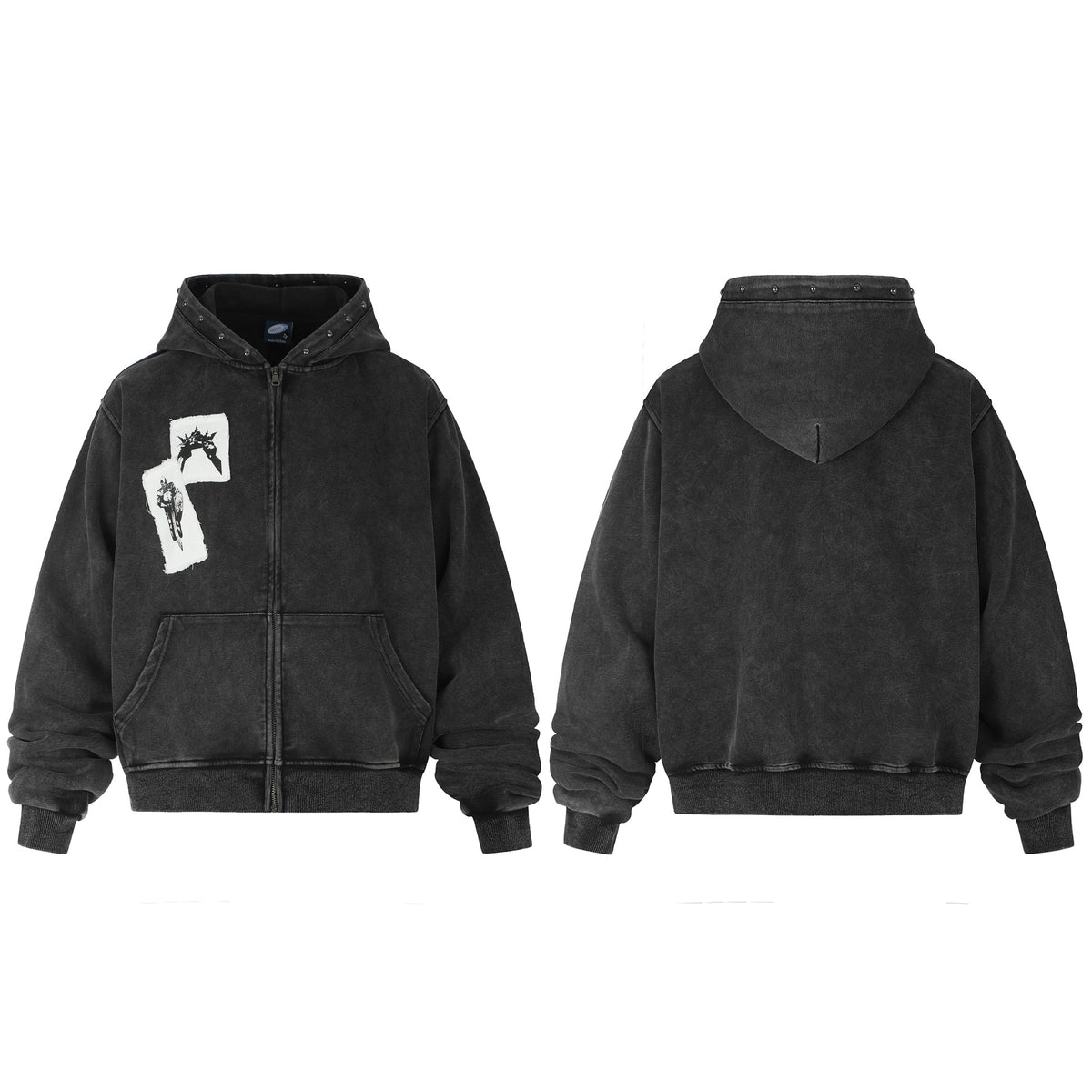 Distressed Washed Studs Patch Embroidery Zipper Hooded Drop Shoulder Sweatshirt Jacket for Men Women