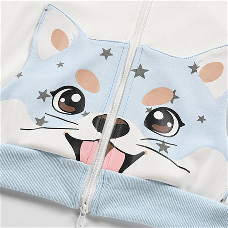 Full printed star cartoon pocket ear hooded cardigan sweatshirt