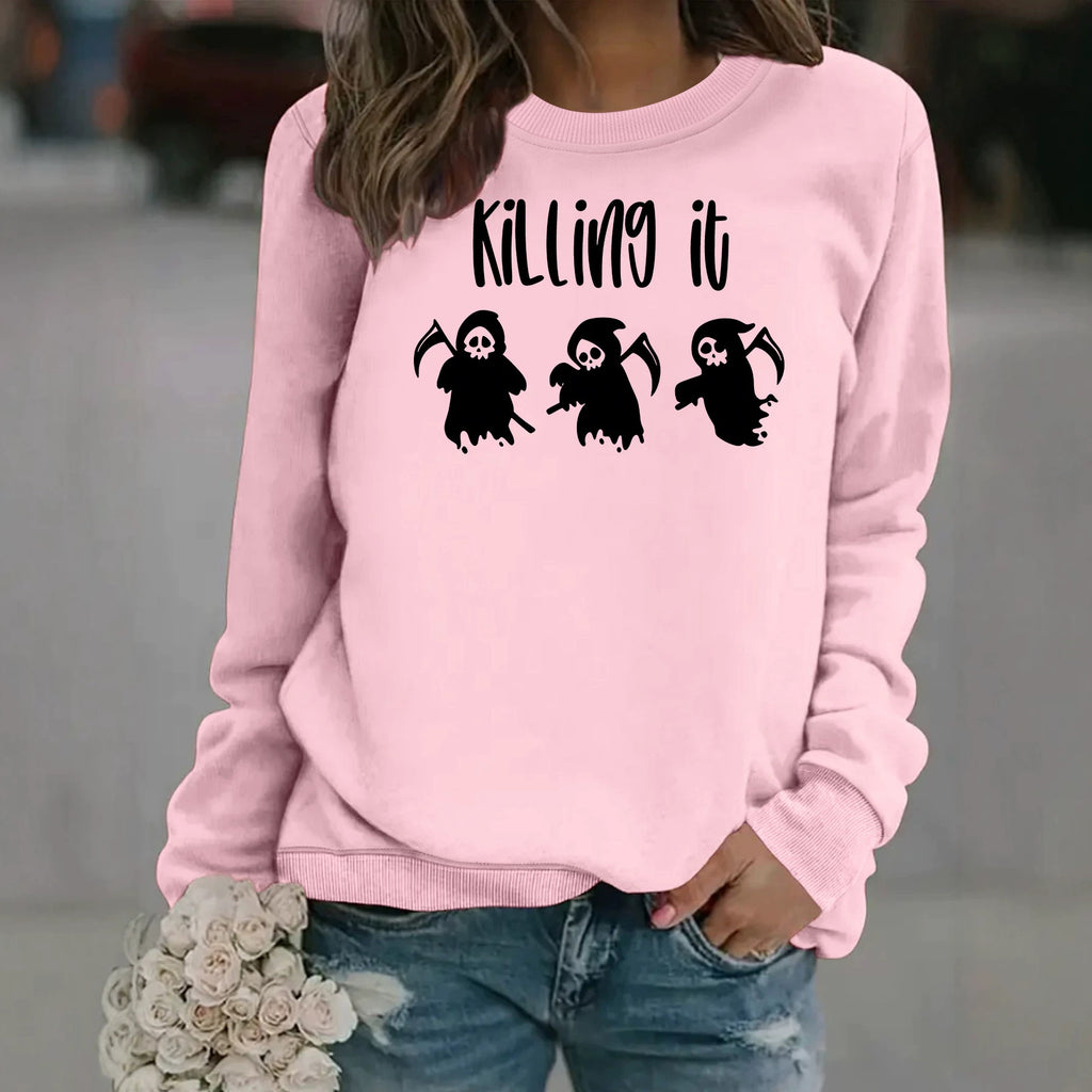 Death God print round neck fleece hoodie