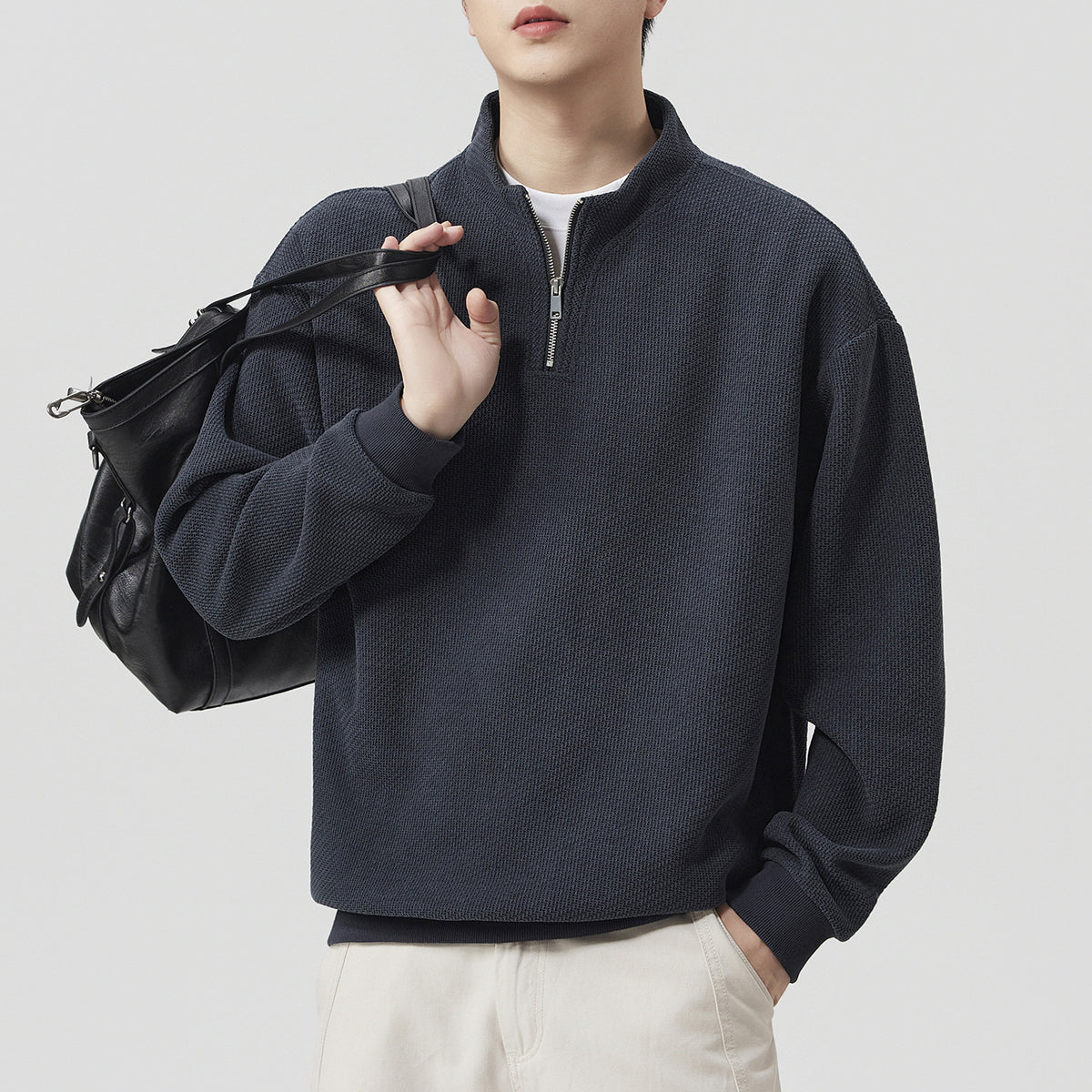 Men's Heavyweight Half Zip Long Sleeve Stand Collar Sweatshirt Top