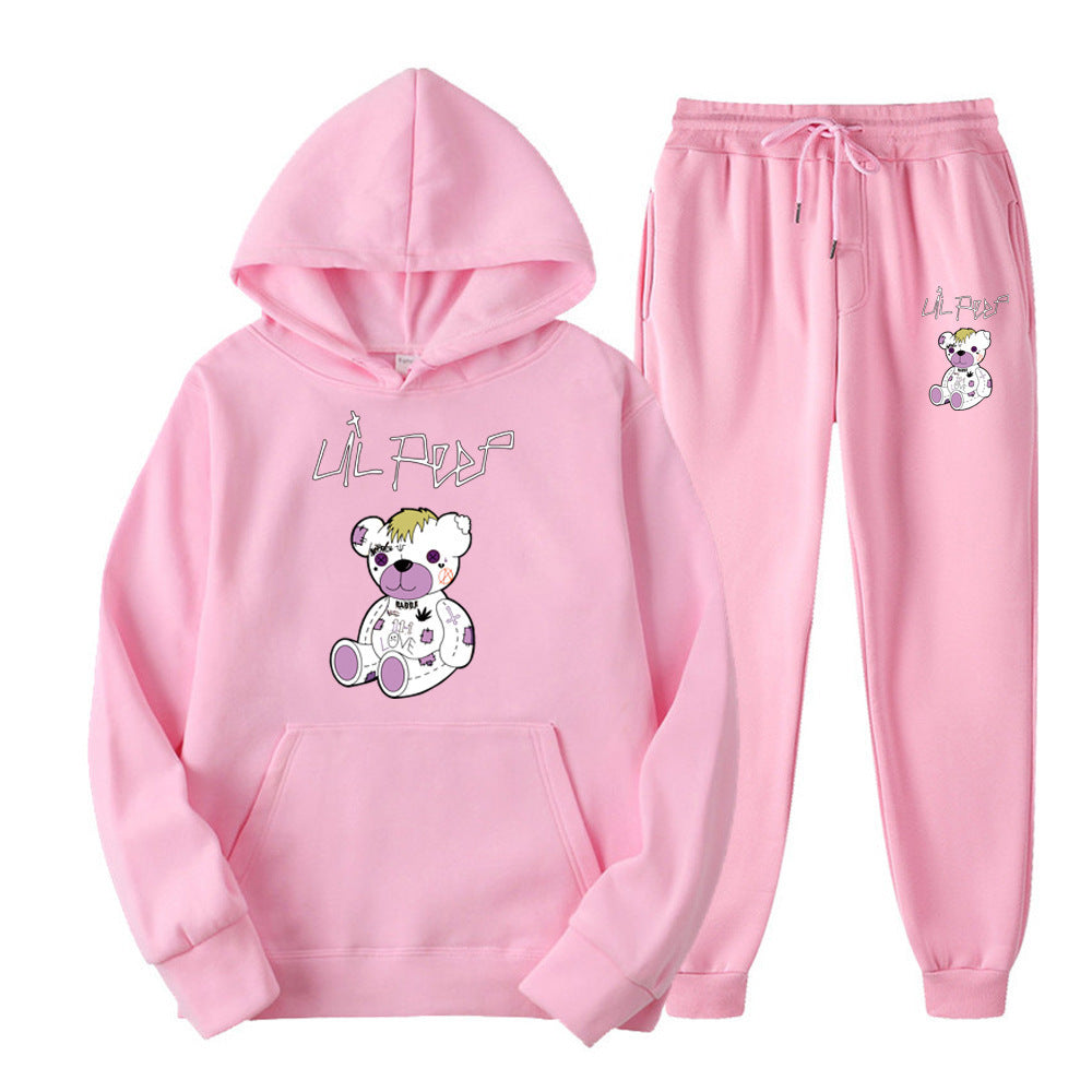 Men's Bear Print Fleece Hooded Sweatshirt Set