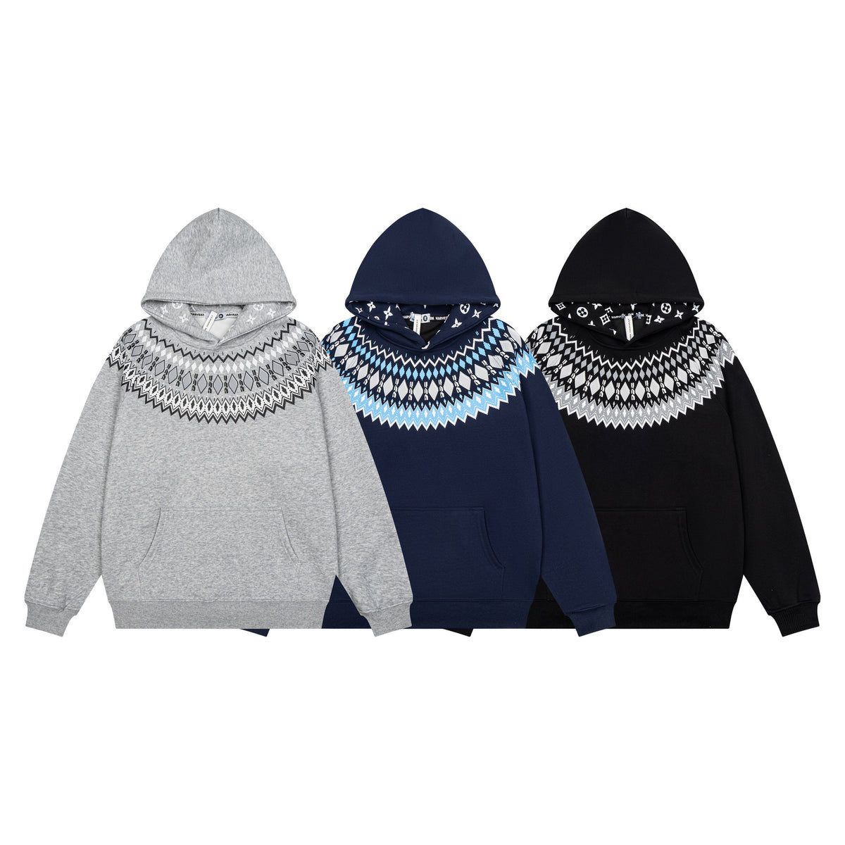 Geometric Fair Isle Pattern Long Sleeve Hooded Pullover Sweatshirt