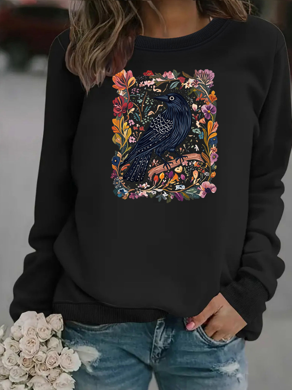 Crow print round neck fleece hoodie