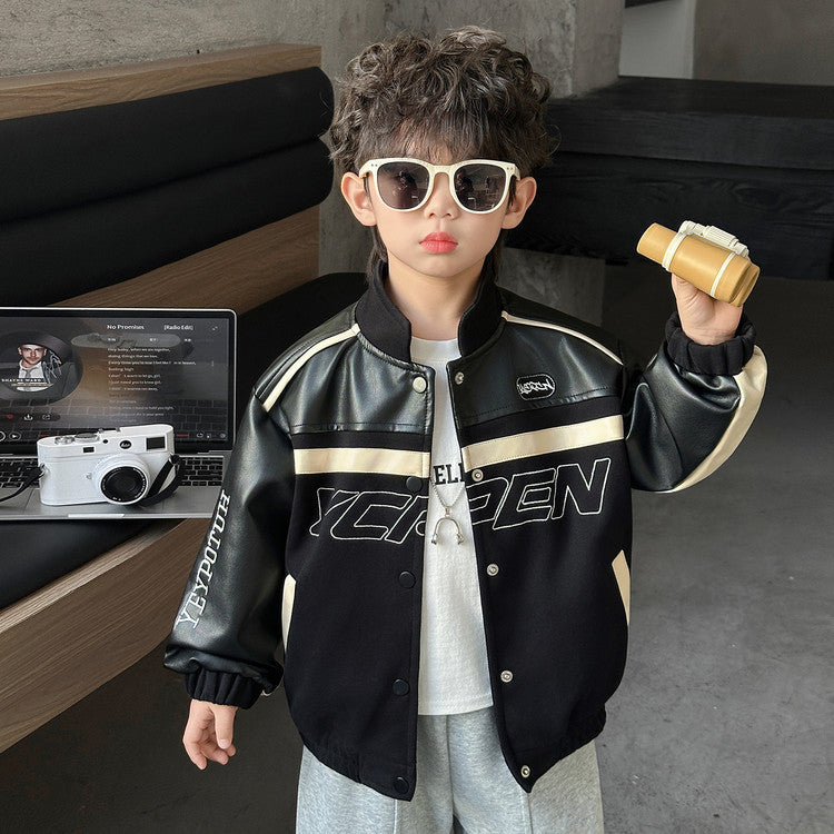 Style PU Leather Zipper Stand Collar Slim Fit Jacket for Boys