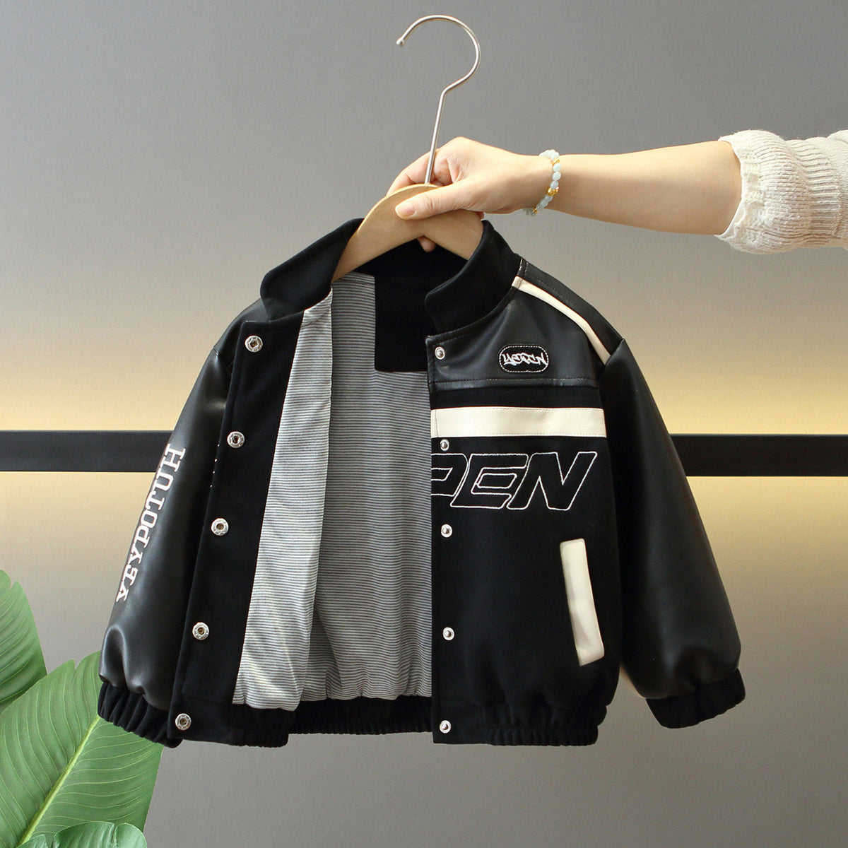 Style PU Leather Zipper Stand Collar Slim Fit Jacket for Boys