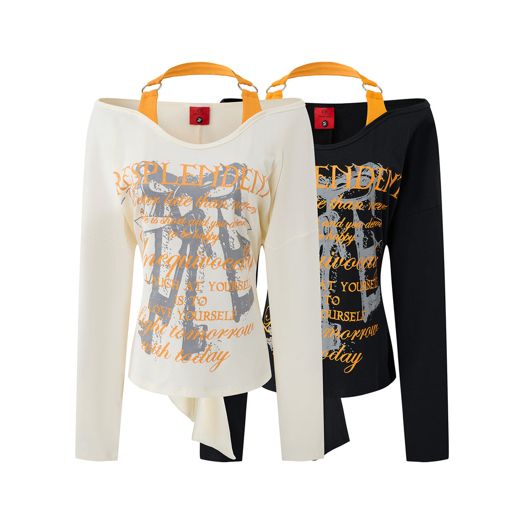 Y2K Letter Print Long Sleeve Halter Off-Shoulder Women's Top