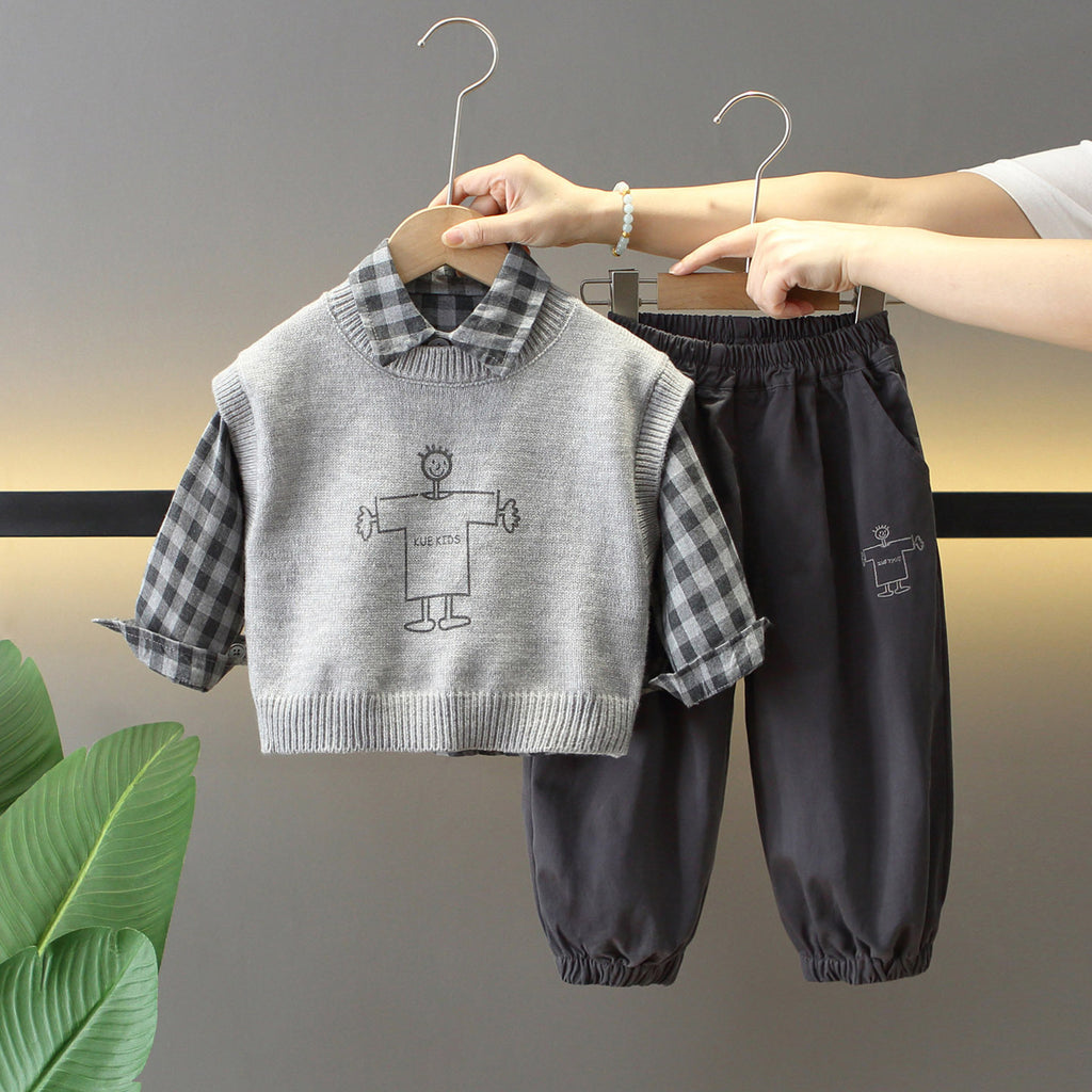Boys Autumn Spring Sweater Vest and Shirt Three-Piece Set