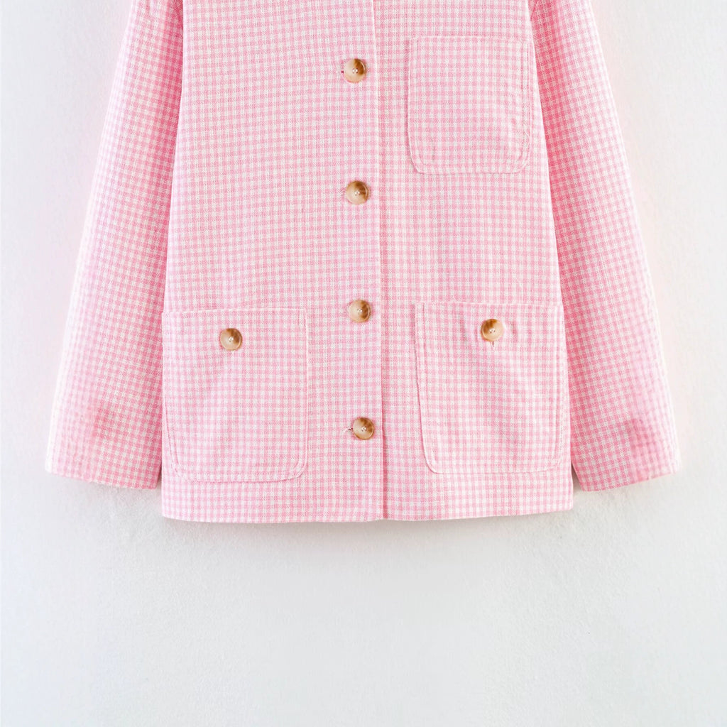 Loose multi pocket decorative plaid short jacket for women's clothing