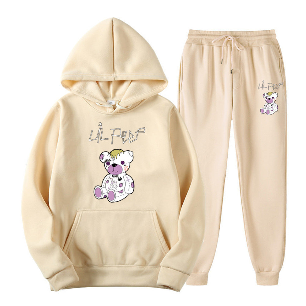 Men's Bear Print Fleece Hooded Sweatshirt Set