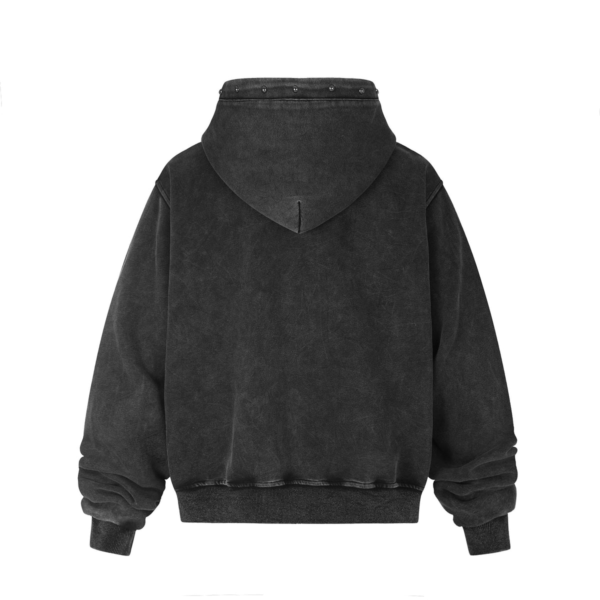 Distressed Washed Studs Patch Embroidery Zipper Hooded Drop Shoulder Sweatshirt Jacket for Men Women