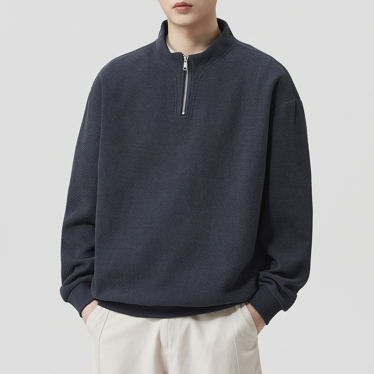 Men's Heavyweight Half Zip Long Sleeve Stand Collar Sweatshirt Top