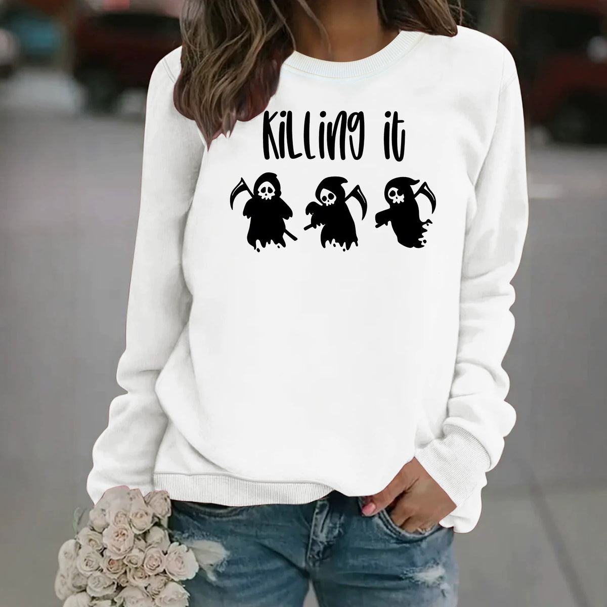 Death God print round neck fleece hoodie