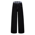 Contrast Stitching Wide Leg Jeans with Embroidered Letter Waistband and Pockets