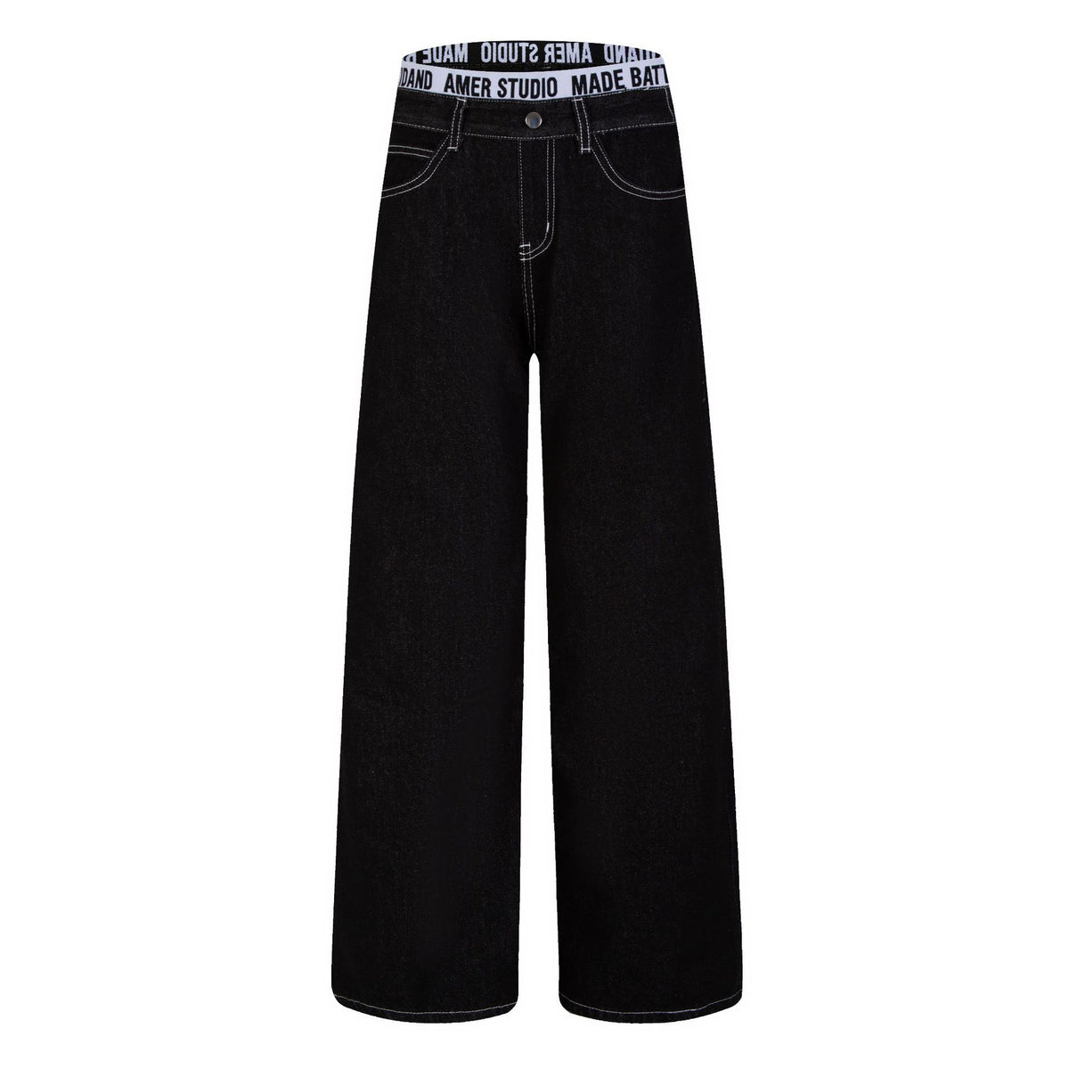 Contrast Stitching Wide Leg Jeans with Embroidered Letter Waistband and Pockets