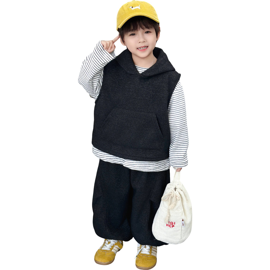 Boys Autumn  Casual Hooded Vest Base Shirt Pants Three-Piece Set