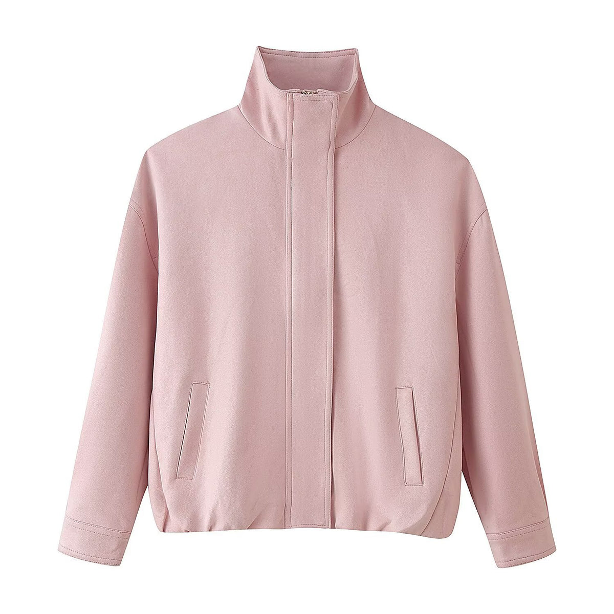 Loose suede texture zipper long sleeved stand up collar jacket