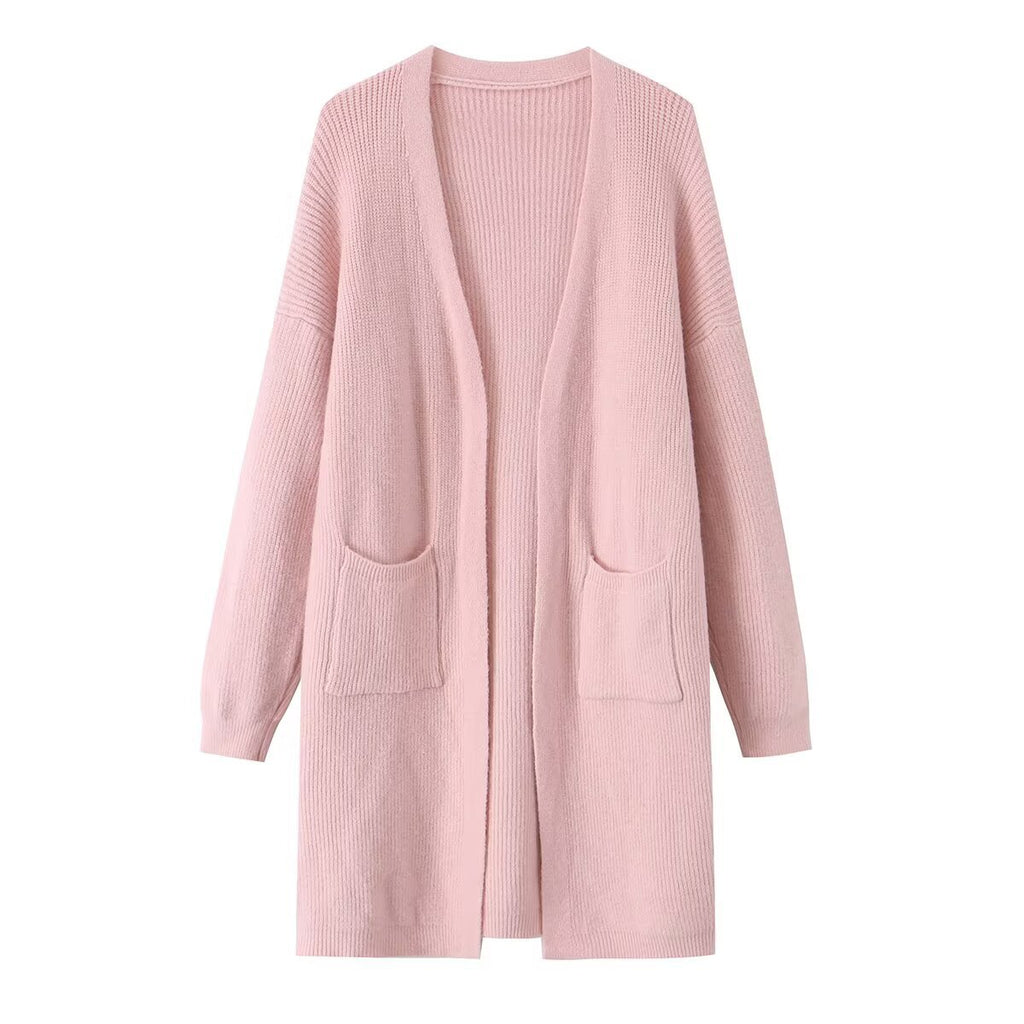 Pocket decoration loose V-neck buttonless long sweater for women
