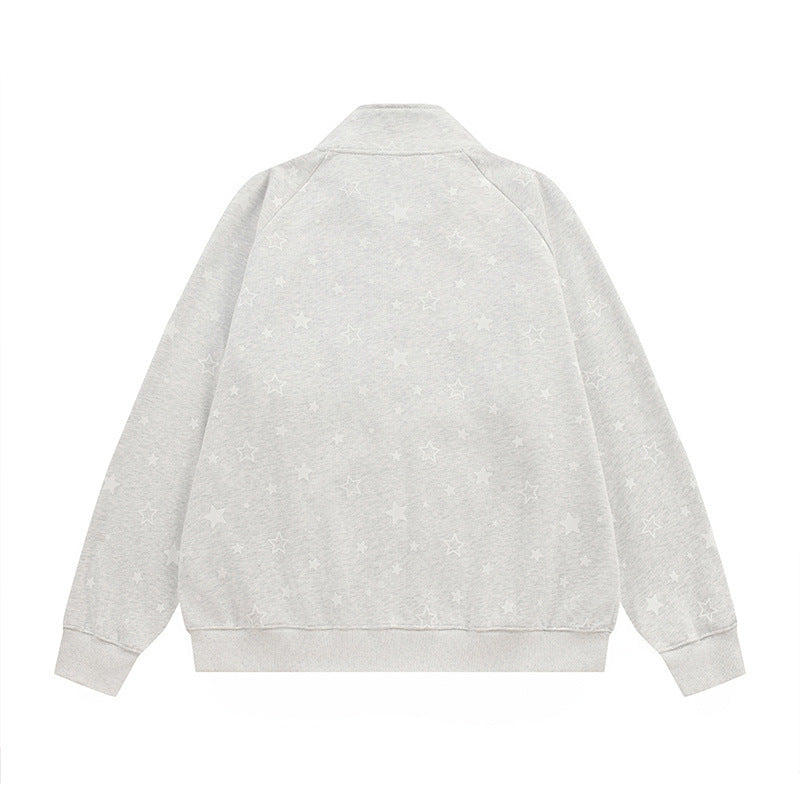 Loose fitting stand up collar cardigan sweatshirt with patch pockets