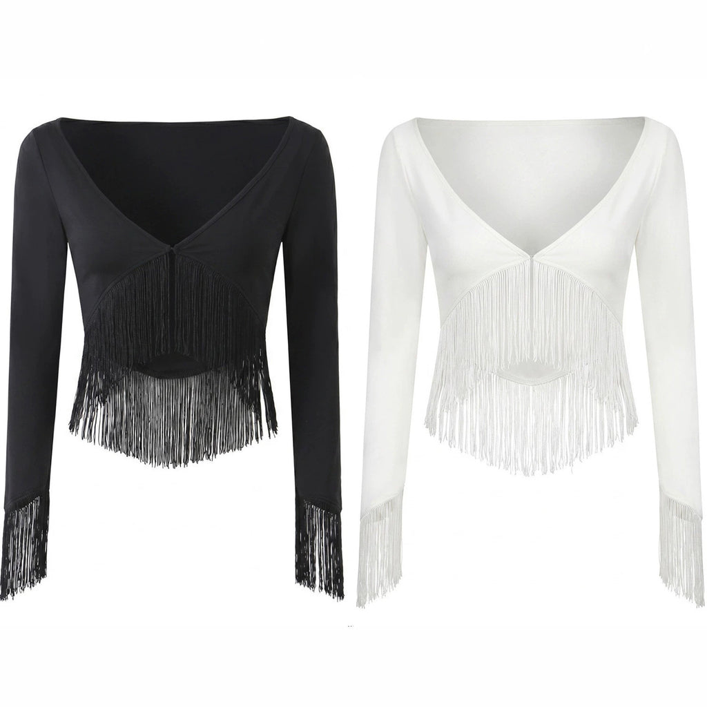 Deep V-neck elastic tassel T-shirt top for women's wear