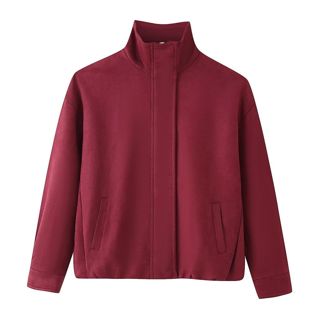 Loose suede texture zipper long sleeved stand up collar jacket