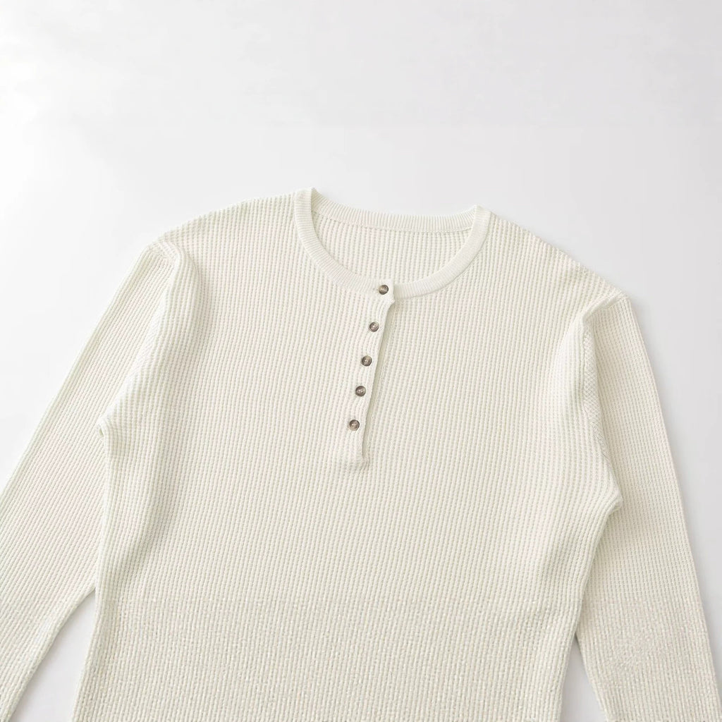 Button decoration long sleeved round neck knitted sweater for women
