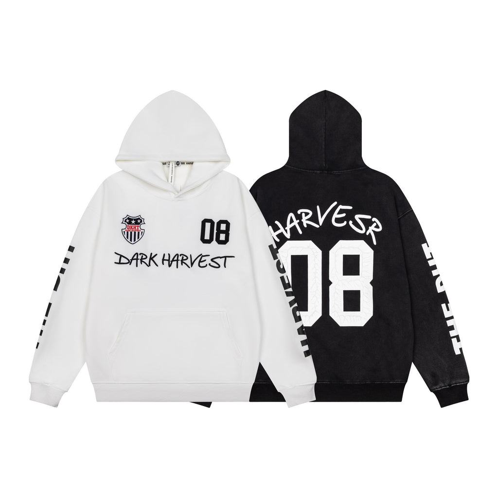 Distressed Snow Wash Number Patch Applique Emblem Hooded Men's Oversized Pullover Sweatshirt