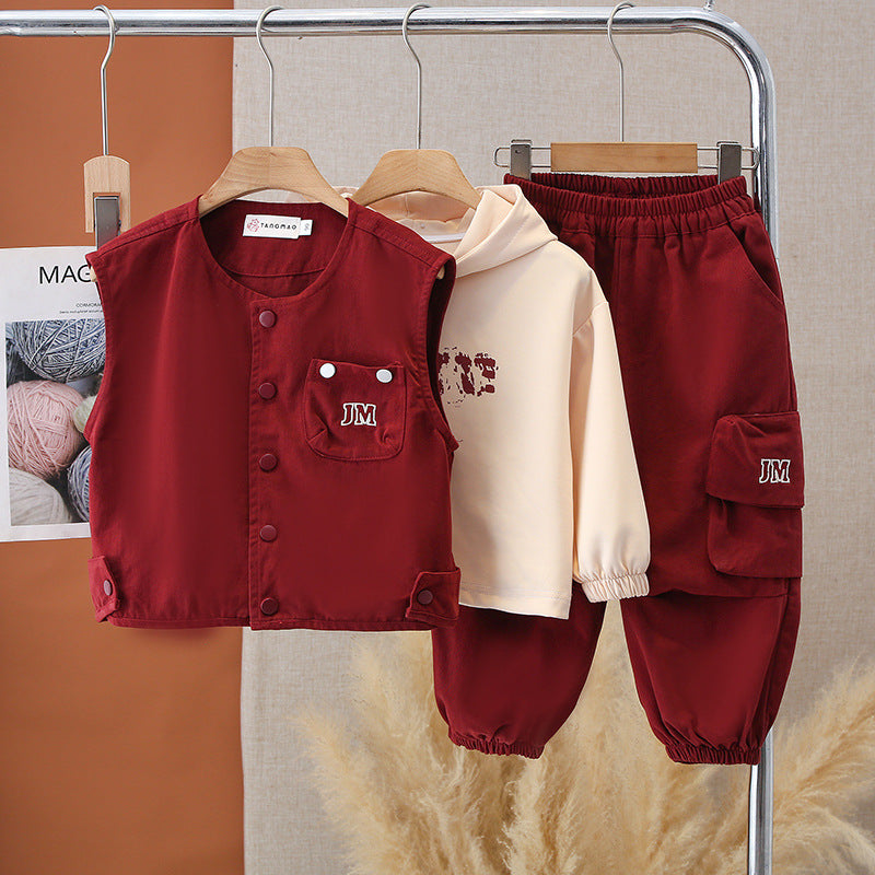 Boys Autumn Casual Vest Three-Piece Set, Trendy Street Style Cargo Workwear Outfit