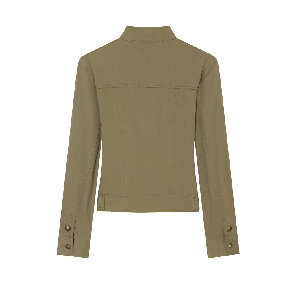Knot button stand up collar zipper long sleeved jacket for women