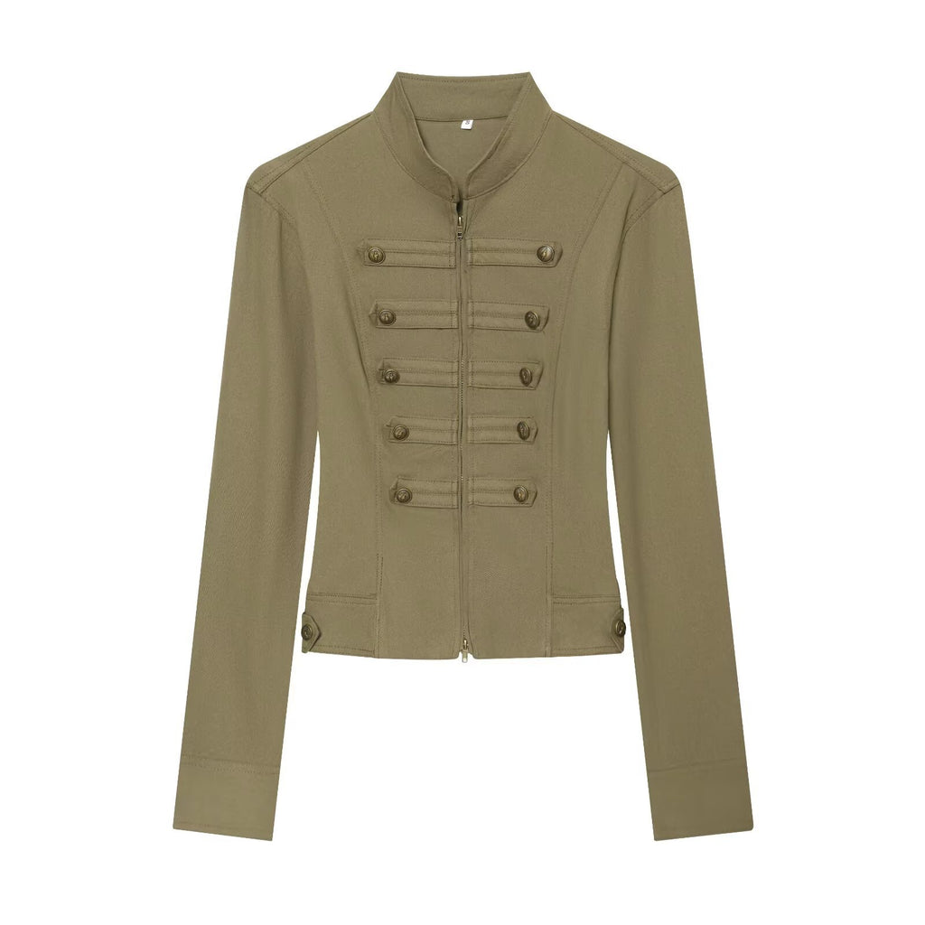 Knot button stand up collar zipper long sleeved jacket for women