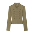 Knot button stand up collar zipper long sleeved jacket for women