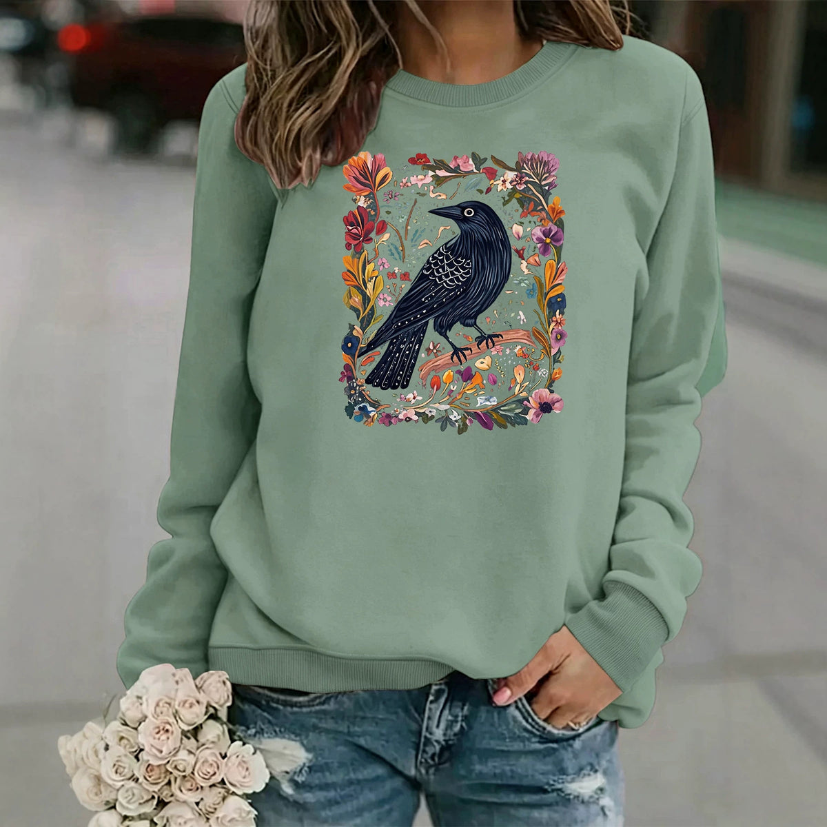 Crow print round neck fleece hoodie