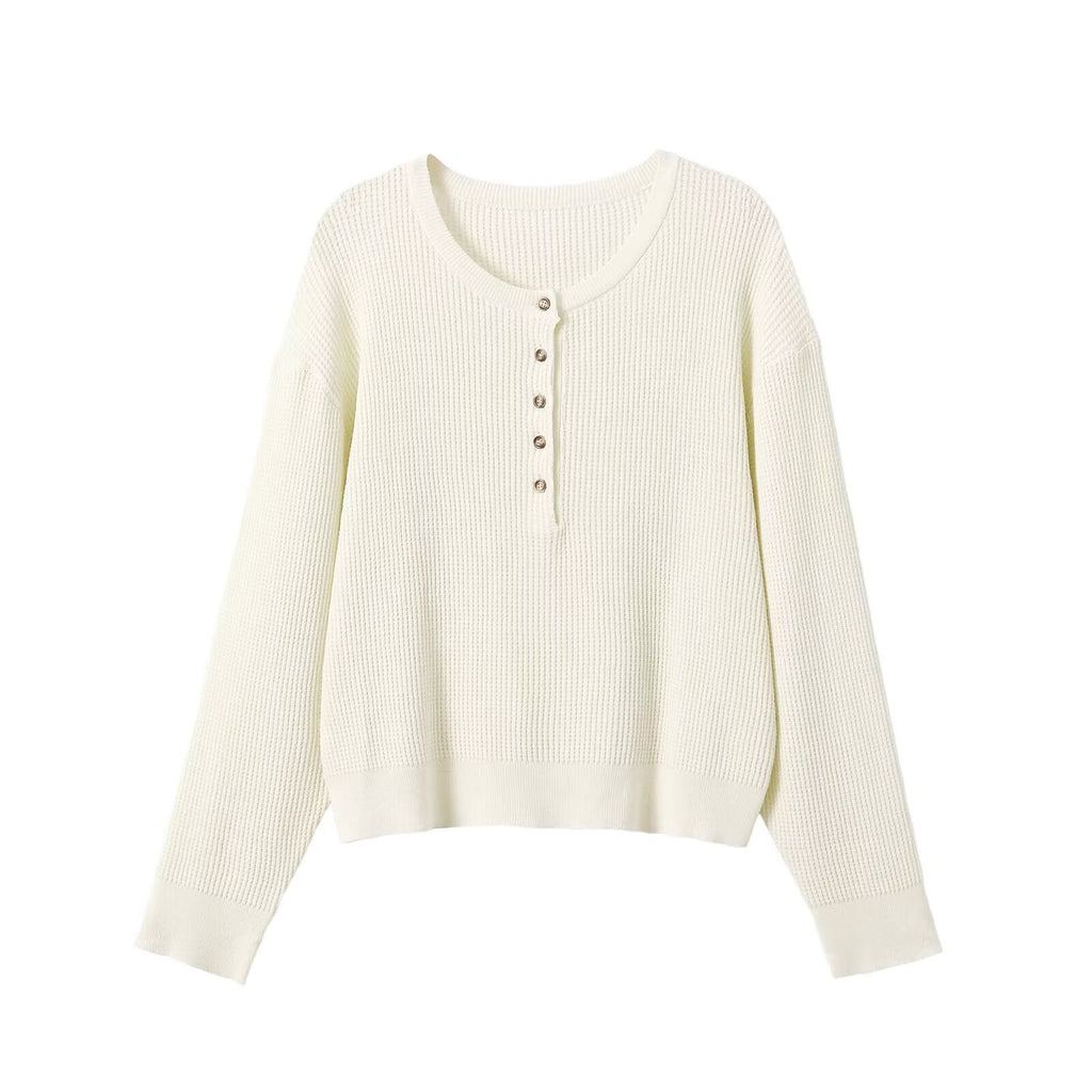Button decoration long sleeved round neck knitted sweater for women