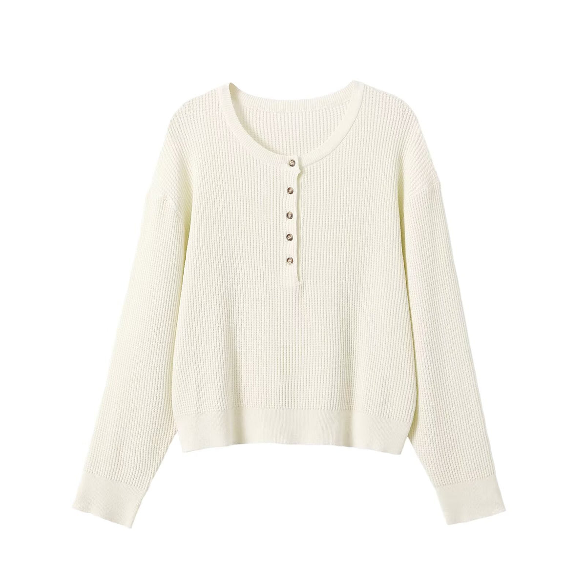 Button decoration long sleeved round neck knitted sweater for women