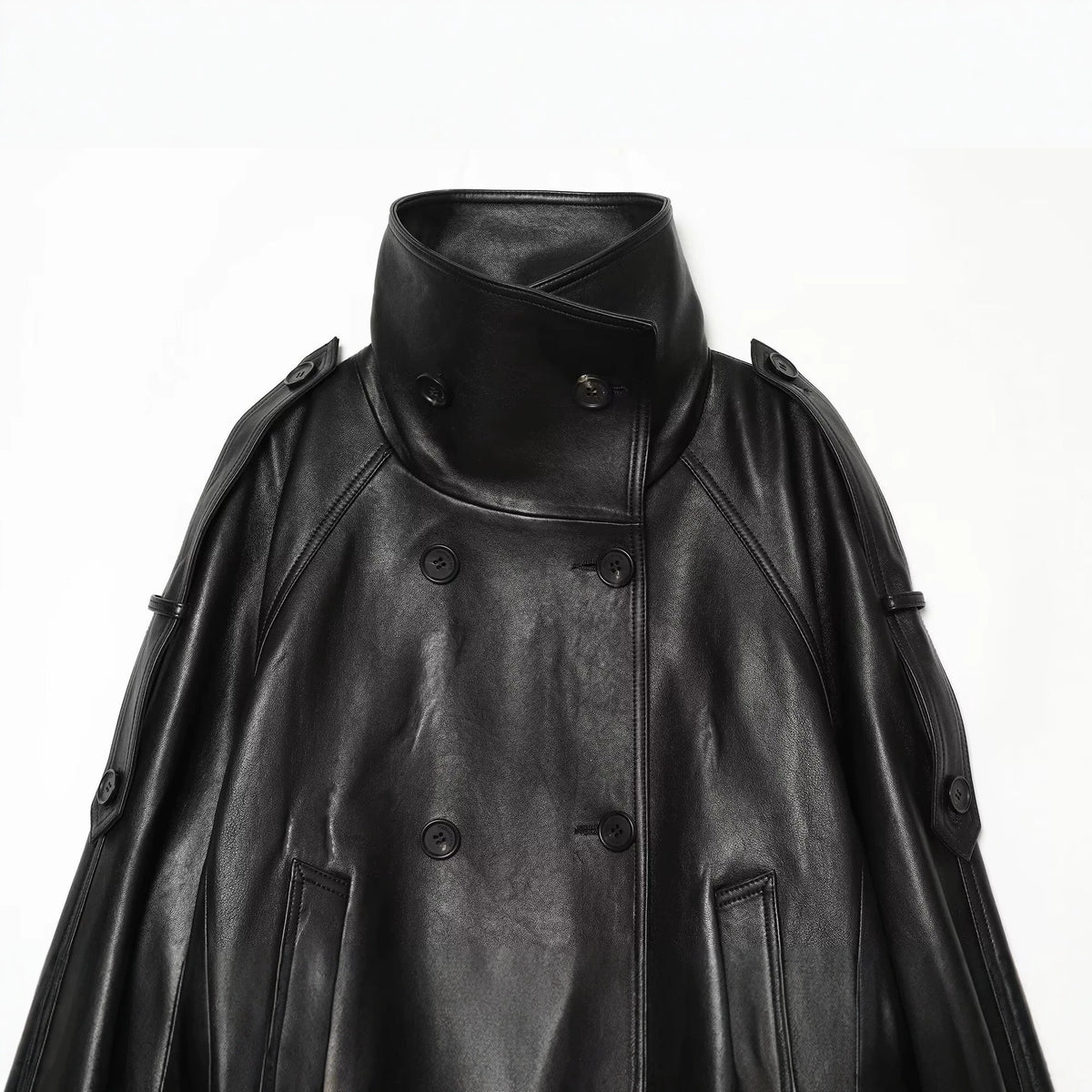 Loose pocket decoration double breasted stand up collar faux leather jacket for women