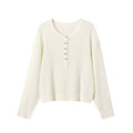 Button decoration long sleeved round neck knitted sweater for women